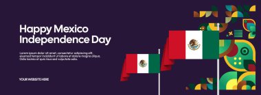 Ulusal bayrak, geometrik süsler ve bayram renkleriyle yatay Meksika Bağımsızlık Günü arkaplanı. Afişler, posterler, web başlıkları, promosyonlar ve etkinlik kampanyaları için ideal. Meksika Günün kutlu olsun.