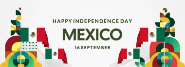 Ulusal bayrak, geometrik süsler ve bayram renkleriyle yatay Meksika Bağımsızlık Günü arkaplanı. Afişler, posterler, web başlıkları, promosyonlar ve etkinlik kampanyaları için ideal. Meksika Günün kutlu olsun.