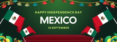 Ulusal bayrak, geometrik süsler ve bayram renkleriyle yatay Meksika Bağımsızlık Günü arkaplanı. Afişler, posterler, web başlıkları, promosyonlar ve etkinlik kampanyaları için ideal. Meksika Günün kutlu olsun.