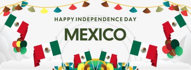 Ulusal bayrak, geometrik süsler ve bayram renkleriyle yatay Meksika Bağımsızlık Günü arkaplanı. Afişler, posterler, web başlıkları, promosyonlar ve etkinlik kampanyaları için ideal. Meksika Günün kutlu olsun.