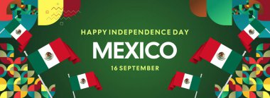 Ulusal bayrak, geometrik süsler ve bayram renkleriyle yatay Meksika Bağımsızlık Günü arkaplanı. Afişler, posterler, web başlıkları, promosyonlar ve etkinlik kampanyaları için ideal. Meksika Günün kutlu olsun.