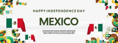 Ulusal bayrak, geometrik süsler ve bayram renkleriyle yatay Meksika Bağımsızlık Günü arkaplanı. Afişler, posterler, web başlıkları, promosyonlar ve etkinlik kampanyaları için ideal. Meksika Günün kutlu olsun.
