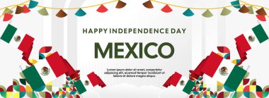 Ulusal bayrak, geometrik süsler ve bayram renkleriyle yatay Meksika Bağımsızlık Günü arkaplanı. Afişler, posterler, web başlıkları, promosyonlar ve etkinlik kampanyaları için ideal. Meksika Günün kutlu olsun.