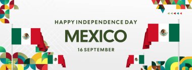 Ulusal bayrak, geometrik süsler ve bayram renkleriyle yatay Meksika Bağımsızlık Günü arkaplanı. Afişler, posterler, web başlıkları, promosyonlar ve etkinlik kampanyaları için ideal. Meksika Günün kutlu olsun.