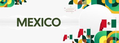 Ulusal bayrak, geometrik süsler ve bayram renkleriyle yatay Meksika Bağımsızlık Günü arkaplanı. Afişler, posterler, web başlıkları, promosyonlar ve etkinlik kampanyaları için ideal. Meksika Günün kutlu olsun.