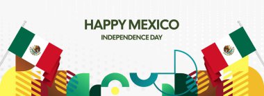 Ulusal bayrak, geometrik süsler ve bayram renkleriyle yatay Meksika Bağımsızlık Günü arkaplanı. Afişler, posterler, web başlıkları, promosyonlar ve etkinlik kampanyaları için ideal. Meksika Günün kutlu olsun.