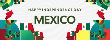 Ulusal bayrak, geometrik süsler ve bayram renkleriyle yatay Meksika Bağımsızlık Günü arkaplanı. Afişler, posterler, web başlıkları, promosyonlar ve etkinlik kampanyaları için ideal. Meksika Günün kutlu olsun.