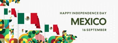 Ulusal bayrak, geometrik süsler ve bayram renkleriyle yatay Meksika Bağımsızlık Günü arkaplanı. Afişler, posterler, web başlıkları, promosyonlar ve etkinlik kampanyaları için ideal. Meksika Günün kutlu olsun.