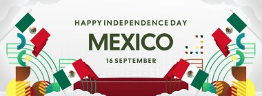 Ulusal bayrak, geometrik süsler ve bayram renkleriyle yatay Meksika Bağımsızlık Günü arkaplanı. Afişler, posterler, web başlıkları, promosyonlar ve etkinlik kampanyaları için ideal. Meksika Günün kutlu olsun.