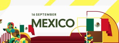 Ulusal bayrak, geometrik süsler ve bayram renkleriyle yatay Meksika Bağımsızlık Günü arkaplanı. Afişler, posterler, web başlıkları, promosyonlar ve etkinlik kampanyaları için ideal. Meksika Günün kutlu olsun.