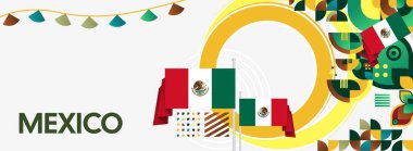 Ulusal bayrak, geometrik süsler ve bayram renkleriyle yatay Meksika Bağımsızlık Günü arkaplanı. Afişler, posterler, web başlıkları, promosyonlar ve etkinlik kampanyaları için ideal. Meksika Günün kutlu olsun.