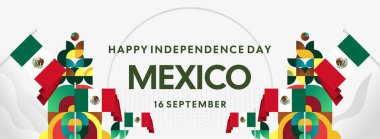 Ulusal bayrak, geometrik süsler ve bayram renkleriyle yatay Meksika Bağımsızlık Günü arkaplanı. Afişler, posterler, web başlıkları, promosyonlar ve etkinlik kampanyaları için ideal. Meksika Günün kutlu olsun.