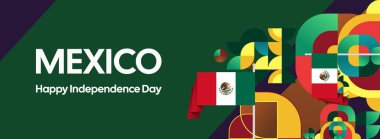 Ulusal bayrak, geometrik süsler ve bayram renkleriyle yatay Meksika Bağımsızlık Günü arkaplanı. Afişler, posterler, web başlıkları, promosyonlar ve etkinlik kampanyaları için ideal. Meksika Günün kutlu olsun.