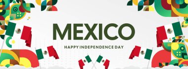 Ulusal bayrak, geometrik süsler ve bayram renkleriyle yatay Meksika Bağımsızlık Günü arkaplanı. Afişler, posterler, web başlıkları, promosyonlar ve etkinlik kampanyaları için ideal. Meksika Günün kutlu olsun.