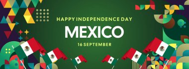 Ulusal bayrak, geometrik süsler ve bayram renkleriyle yatay Meksika Bağımsızlık Günü arkaplanı. Afişler, posterler, web başlıkları, promosyonlar ve etkinlik kampanyaları için ideal. Meksika Günün kutlu olsun.