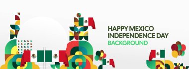 Ulusal bayrak, geometrik süsler ve bayram renkleriyle yatay Meksika Bağımsızlık Günü arkaplanı. Afişler, posterler, web başlıkları, promosyonlar ve etkinlik kampanyaları için ideal. Meksika Günün kutlu olsun.