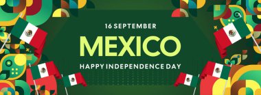 Ulusal bayrak, geometrik süsler ve bayram renkleriyle yatay Meksika Bağımsızlık Günü arkaplanı. Afişler, posterler, web başlıkları, promosyonlar ve etkinlik kampanyaları için ideal. Meksika Günün kutlu olsun.