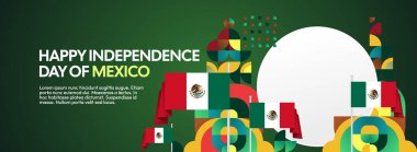 Ulusal bayrak, geometrik süsler ve bayram renkleriyle yatay Meksika Bağımsızlık Günü arkaplanı. Afişler, posterler, web başlıkları, promosyonlar ve etkinlik kampanyaları için ideal. Meksika Günün kutlu olsun.