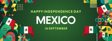 Ulusal bayrak, geometrik süsler ve bayram renkleriyle yatay Meksika Bağımsızlık Günü arkaplanı. Afişler, posterler, web başlıkları, promosyonlar ve etkinlik kampanyaları için ideal. Meksika Günün kutlu olsun.