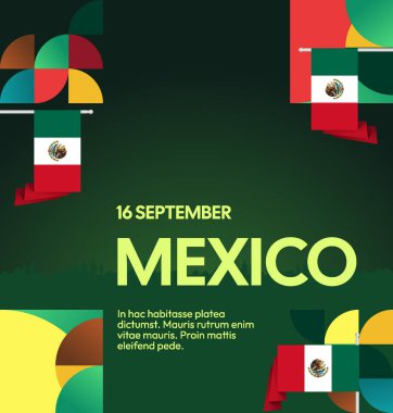 Meksika 'nın Bağımsızlık Günü' nü kutlayın. Eylül 'deki Ulusal Gün için şenlikli geometrik arka plan. Mutlu Meksika Bağımsızlık Günü