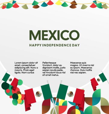 Meksika 'nın Bağımsızlık Günü' nü kutlayın. Eylül 'deki Ulusal Gün için şenlikli geometrik arka plan. Mutlu Meksika Bağımsızlık Günü