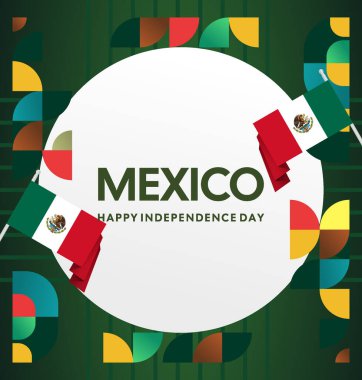 Meksika 'nın Bağımsızlık Günü' nü kutlayın. Eylül 'deki Ulusal Gün için şenlikli geometrik arka plan. Mutlu Meksika Bağımsızlık Günü