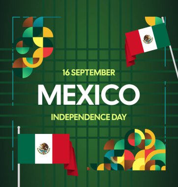 Meksika 'nın Bağımsızlık Günü' nü kutlayın. Eylül 'deki Ulusal Gün için şenlikli geometrik arka plan. Mutlu Meksika Bağımsızlık Günü