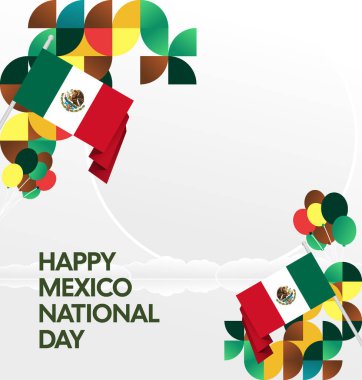 Meksika 'nın Bağımsızlık Günü' nü kutlayın. Eylül 'deki Ulusal Gün için şenlikli geometrik arka plan. Mutlu Meksika Bağımsızlık Günü