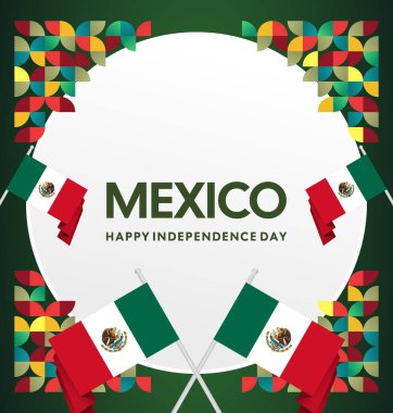 Meksika 'nın Bağımsızlık Günü' nü kutlayın. Eylül 'deki Ulusal Gün için şenlikli geometrik arka plan. Mutlu Meksika Bağımsızlık Günü