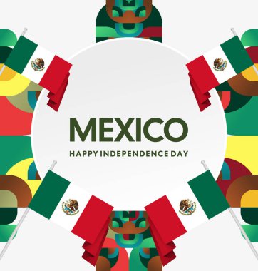 Meksika 'nın Bağımsızlık Günü' nü kutlayın. Eylül 'deki Ulusal Gün için şenlikli geometrik arka plan. Mutlu Meksika Bağımsızlık Günü