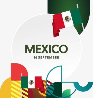 Meksika 'nın Bağımsızlık Günü' nü kutlayın. Eylül 'deki Ulusal Gün için şenlikli geometrik arka plan. Mutlu Meksika Bağımsızlık Günü