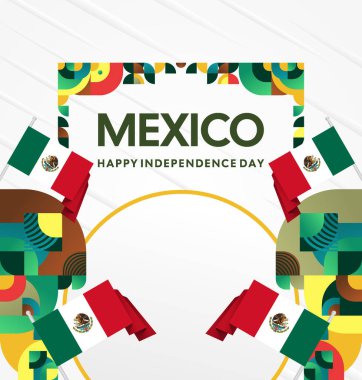 Meksika 'nın Bağımsızlık Günü' nü kutlayın. Eylül 'deki Ulusal Gün için şenlikli geometrik arka plan. Mutlu Meksika Bağımsızlık Günü