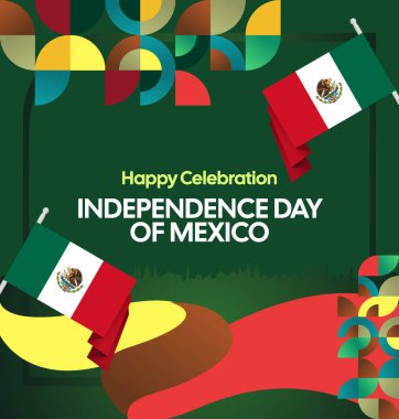 Meksika 'nın Bağımsızlık Günü' nü kutlayın. Eylül 'deki Ulusal Gün için şenlikli geometrik arka plan. Mutlu Meksika Bağımsızlık Günü