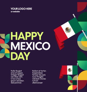 Meksika Bağımsızlık Günü Meydanı geçmişi. Bayrağı ve renkli geometrisiyle ulusal bayrak günü posteri. Sosyal medya, kapak, kampanya ve tebrik kartları için iyidir..