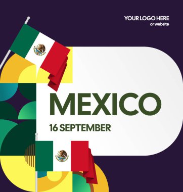 Meksika Bağımsızlık Günü Meydanı geçmişi. Bayrağı ve renkli geometrisiyle ulusal bayrak günü posteri. Sosyal medya, kapak, kampanya ve tebrik kartları için iyidir..
