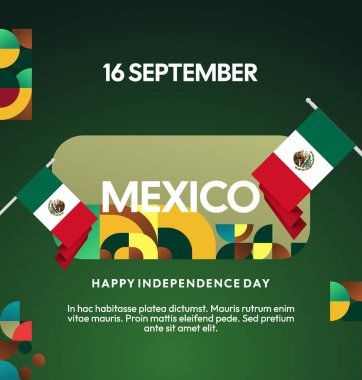 Meksika Bağımsızlık Günü Meydanı geçmişi. Bayrağı ve renkli geometrisiyle ulusal bayrak günü posteri. Sosyal medya, kapak, kampanya ve tebrik kartları için iyidir..
