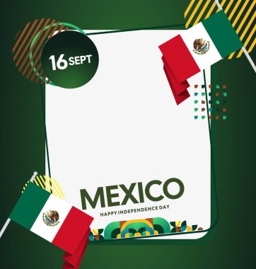 Meksika Bağımsızlık Günü Meydanı geçmişi. Bayrağı ve renkli geometrisiyle ulusal bayrak günü posteri. Sosyal medya, kapak, kampanya ve tebrik kartları için iyidir..