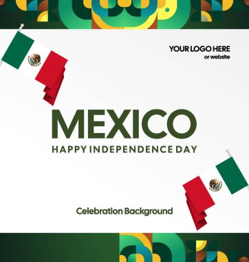 Meksika Bağımsızlık Günü Meydanı geçmişi. Bayrağı ve renkli geometrisiyle ulusal bayrak günü posteri. Sosyal medya, kapak, kampanya ve tebrik kartları için iyidir..
