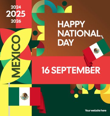 Meksika Bağımsızlık Günü Meydanı geçmişi. Bayrağı ve renkli geometrisiyle ulusal bayrak günü posteri. Sosyal medya, kapak, kampanya ve tebrik kartları için iyidir..