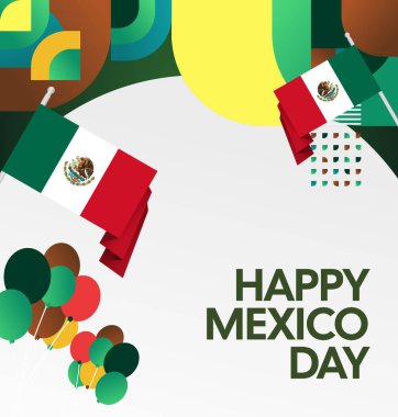 Meksika Bağımsızlık Günü Meydanı geçmişi. Bayrağı ve renkli geometrisiyle ulusal bayrak günü posteri. Sosyal medya, kapak, kampanya ve tebrik kartları için iyidir..
