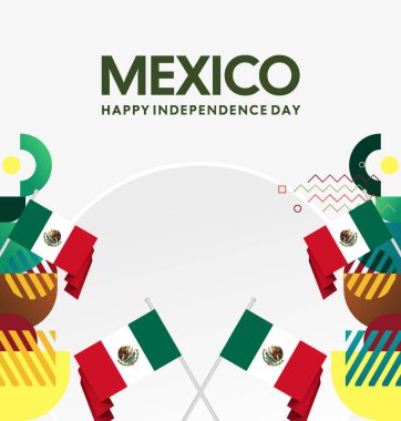 Meksika Bağımsızlık Günü Meydanı geçmişi. Bayrağı ve renkli geometrisiyle ulusal bayrak günü posteri. Sosyal medya, kapak, kampanya ve tebrik kartları için iyidir..