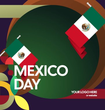Meksika Bağımsızlık Günü Meydanı geçmişi. Bayrağı ve renkli geometrisiyle ulusal bayrak günü posteri. Sosyal medya, kapak, kampanya ve tebrik kartları için iyidir..