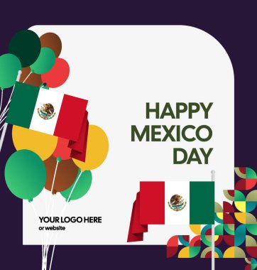 Meksika Bağımsızlık Günü Meydanı geçmişi. Bayrağı ve renkli geometrisiyle ulusal bayrak günü posteri. Sosyal medya, kapak, kampanya ve tebrik kartları için iyidir..
