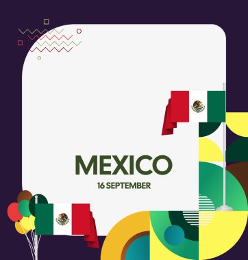 Meksika Bağımsızlık Günü Meydanı geçmişi. Bayrağı ve renkli geometrisiyle ulusal bayrak günü posteri. Sosyal medya, kapak, kampanya ve tebrik kartları için iyidir..