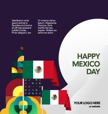 Meksika Bağımsızlık Günü Meydanı geçmişi. Bayrağı ve renkli geometrisiyle ulusal bayrak günü posteri. Sosyal medya, kapak, kampanya ve tebrik kartları için iyidir..