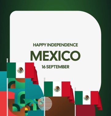 Meksika Bağımsızlık Günü Meydanı geçmişi. Bayrağı ve renkli geometrisiyle ulusal bayrak günü posteri. Sosyal medya, kapak, kampanya ve tebrik kartları için iyidir..