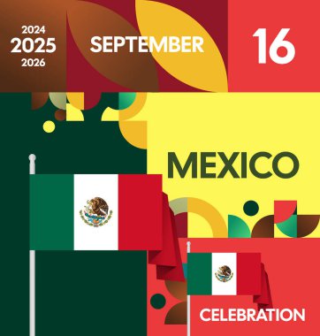 Meksika Bağımsızlık Günü Meydanı geçmişi. Bayrağı ve renkli geometrisiyle ulusal bayrak günü posteri. Sosyal medya, kapak, kampanya ve tebrik kartları için iyidir..