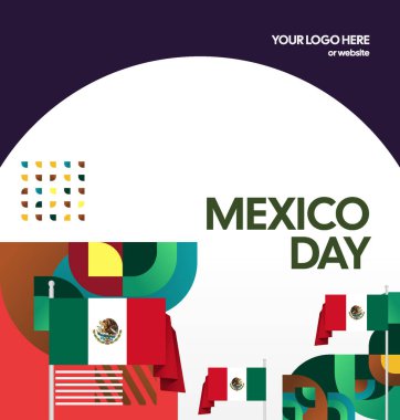 Meksika Bağımsızlık Günü Meydanı geçmişi. Bayrağı ve renkli geometrisiyle ulusal bayrak günü posteri. Sosyal medya, kapak, kampanya ve tebrik kartları için iyidir..