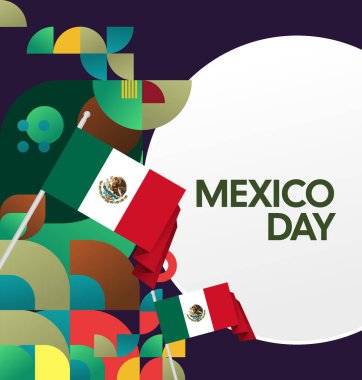 Meksika Bağımsızlık Günü Meydanı geçmişi. Bayrağı ve renkli geometrisiyle ulusal bayrak günü posteri. Sosyal medya, kapak, kampanya ve tebrik kartları için iyidir..