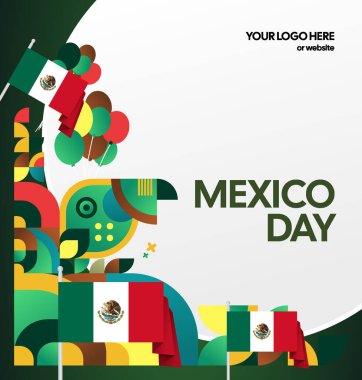 Meksika Bağımsızlık Günü Meydanı geçmişi. Bayrağı ve renkli geometrisiyle ulusal bayrak günü posteri. Sosyal medya, kapak, kampanya ve tebrik kartları için iyidir..